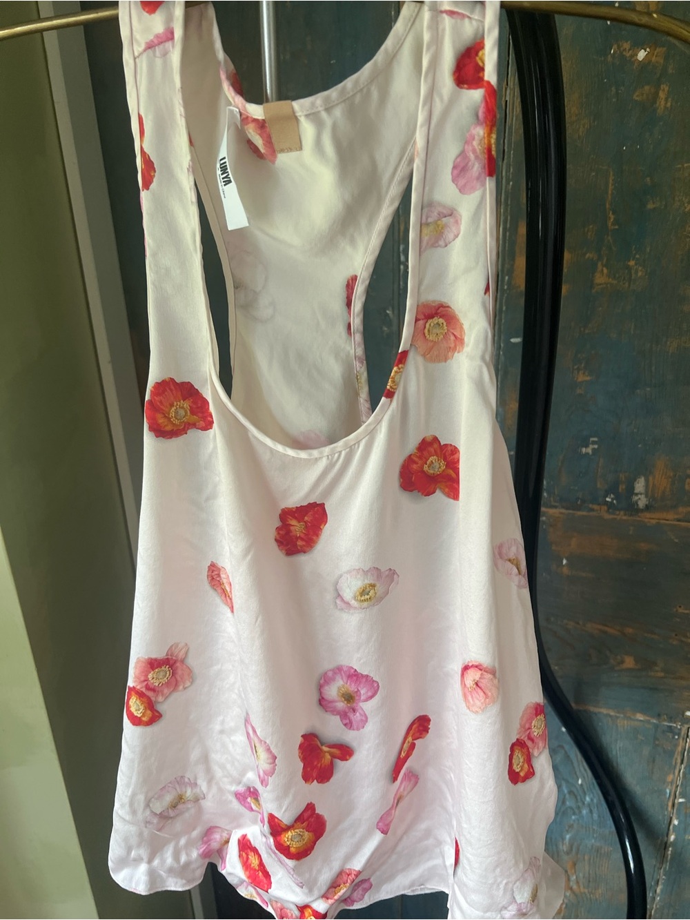 Lunya  Pink Floral tank and tap pants with Red Blossom Accents